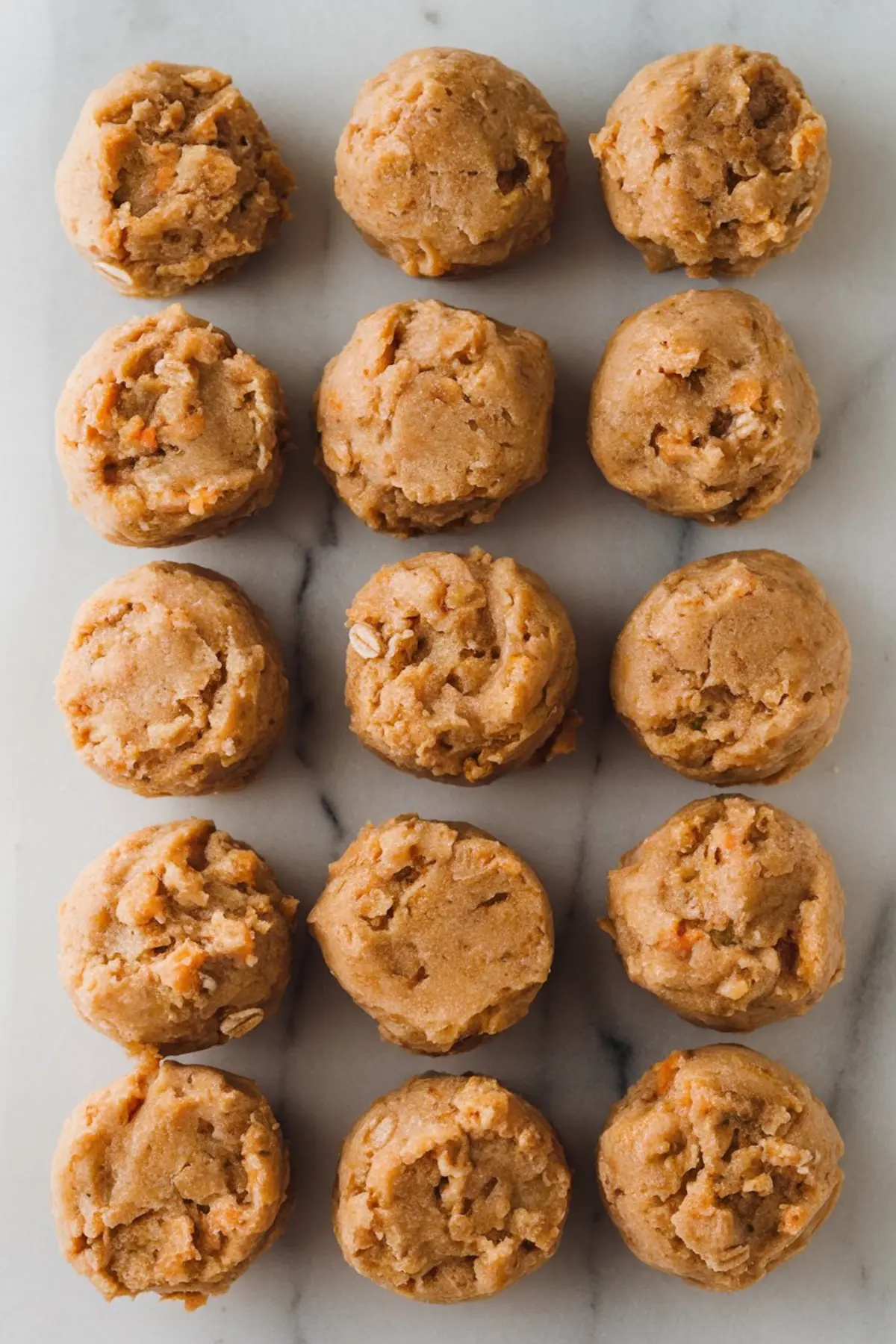 Sixteen round scoops of carrot cake cookie dough arranged in neat rows on a white marble surface. The dough has visible oats and grated carrots, giving it a textured appearance.
