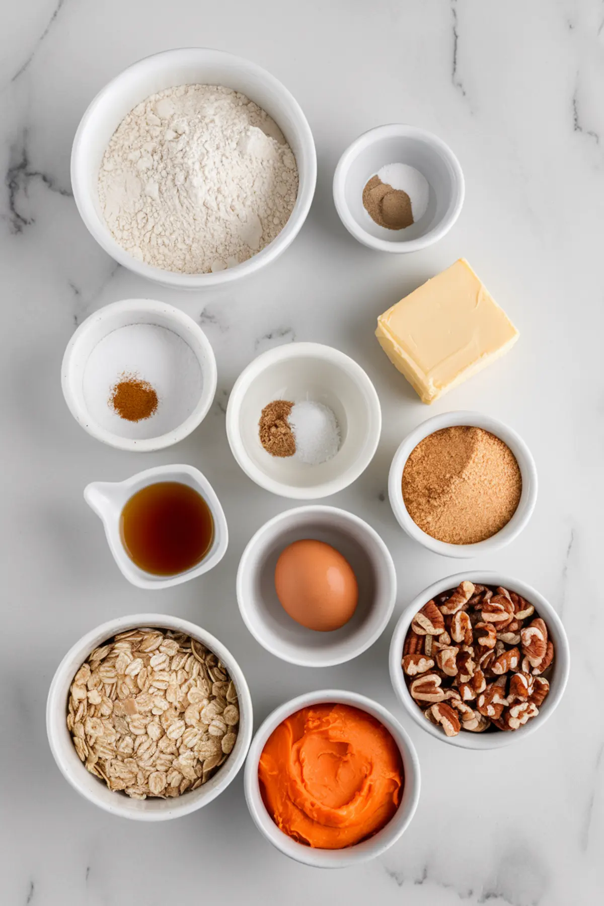 Small white bowls filled with ingredients for carrot cake cookies, including flour, oats, brown sugar, butter, vanilla extract, spices, an egg, pecans, and bright orange carrot puree. The bowls are arranged on a white marble countertop.
