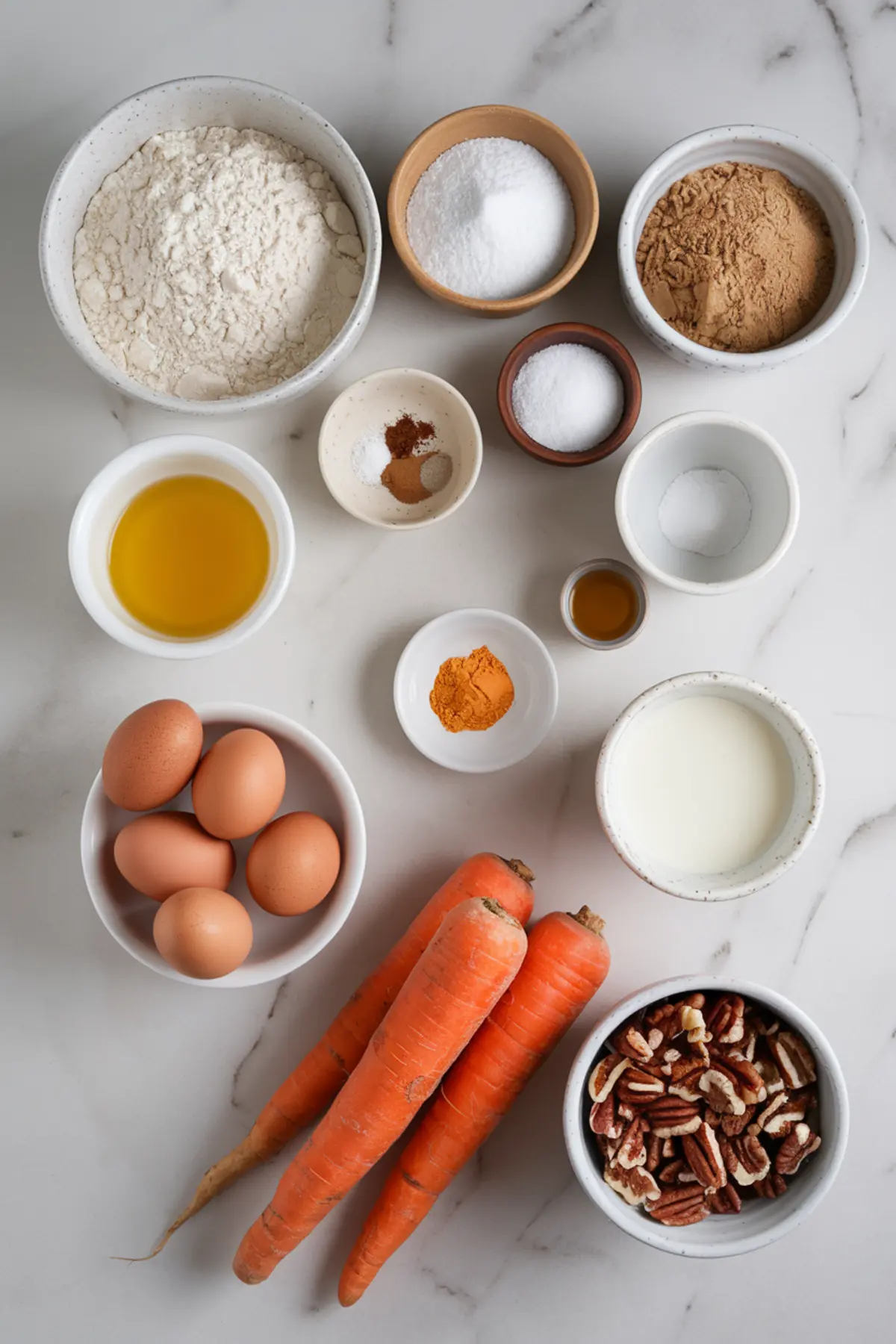 Flat lay of carrot cake ingredients arranged on a white marble surface. Includes flour, eggs, carrots, pecans, sugar, cinnamon, nutmeg, oil, vanilla extract, baking powder, baking soda, salt, and milk in small bowls.