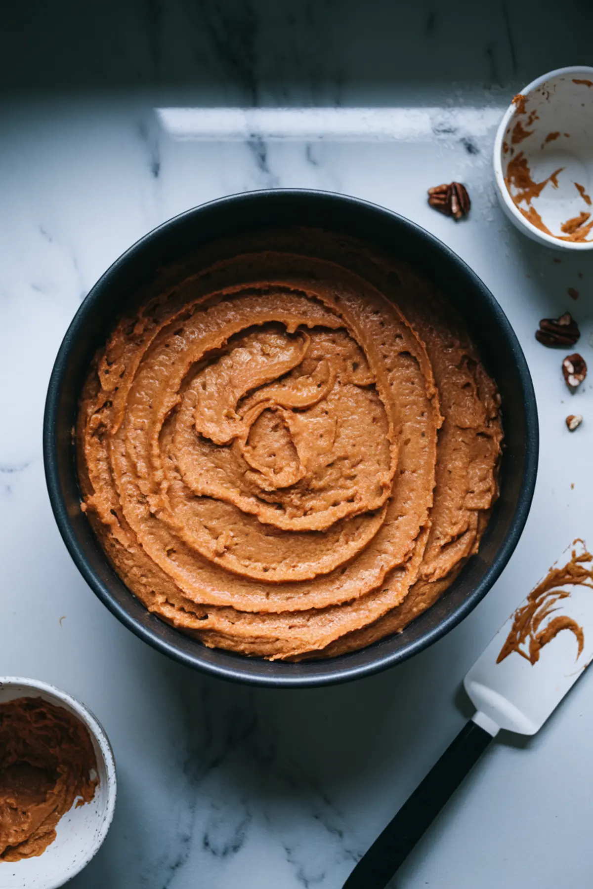 Overhead view of thick carrot cake batter spread in a round baking pan. The textured batter has swirls on the surface, with pecans and mixing utensils scattered around on a marble countertop.