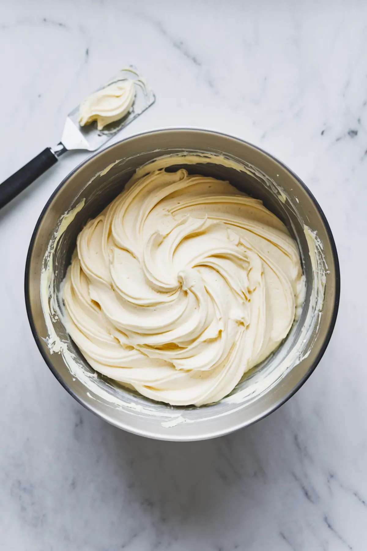 Close-up of a metal bowl filled with freshly whipped cream cheese frosting. The frosting has a smooth, swirled texture, with a spatula resting beside the bowl on a marble surface.