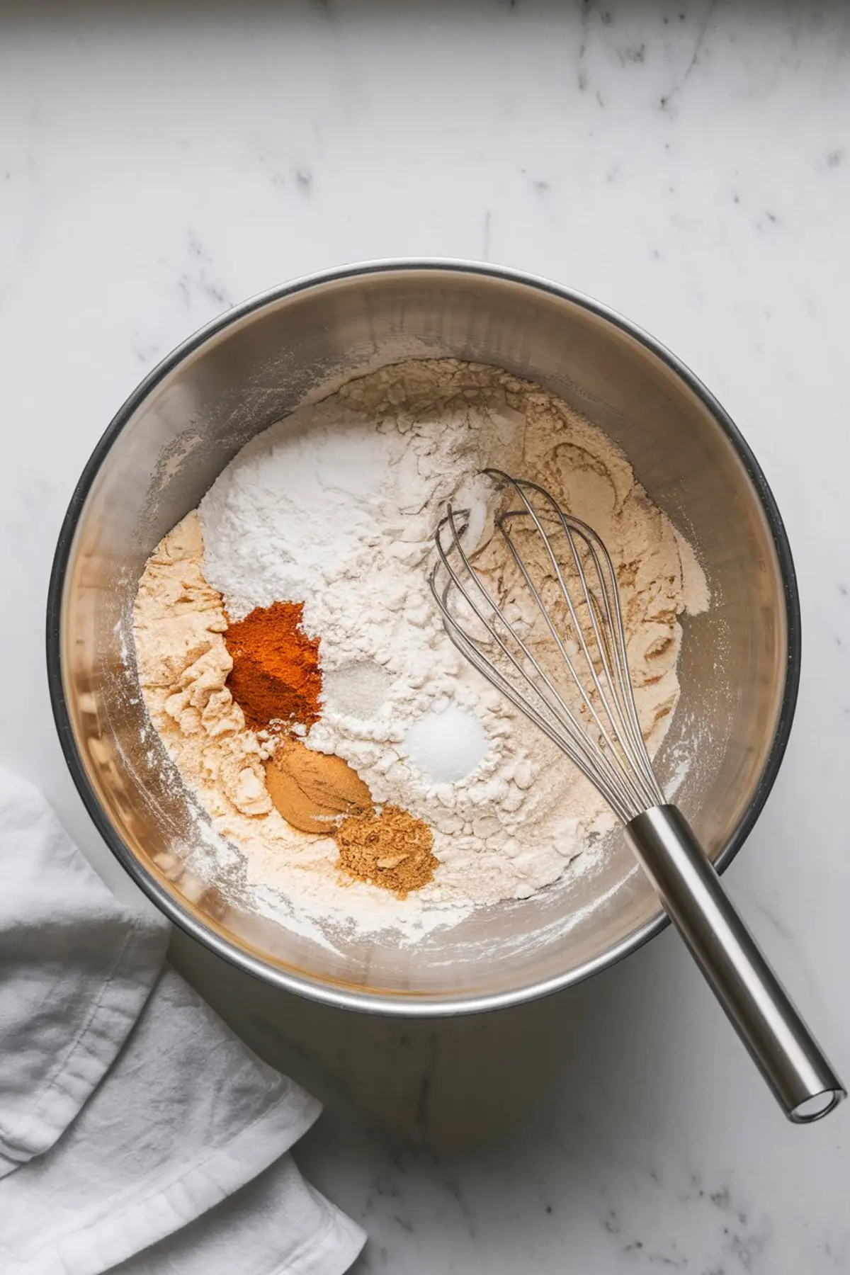 Mixing bowl with dry ingredients for carrot cake, including flour, cinnamon, nutmeg, and baking powder. A metal whisk rests on the side, and a white cloth is partially visible in the frame.