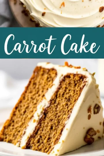 Top-down shot of a carrot cake with white frosting and pecan pieces, followed by a close-up of a slice revealing two spiced layers with a creamy filling. A dark teal banner displays “Carrot Cake” in cursive text.