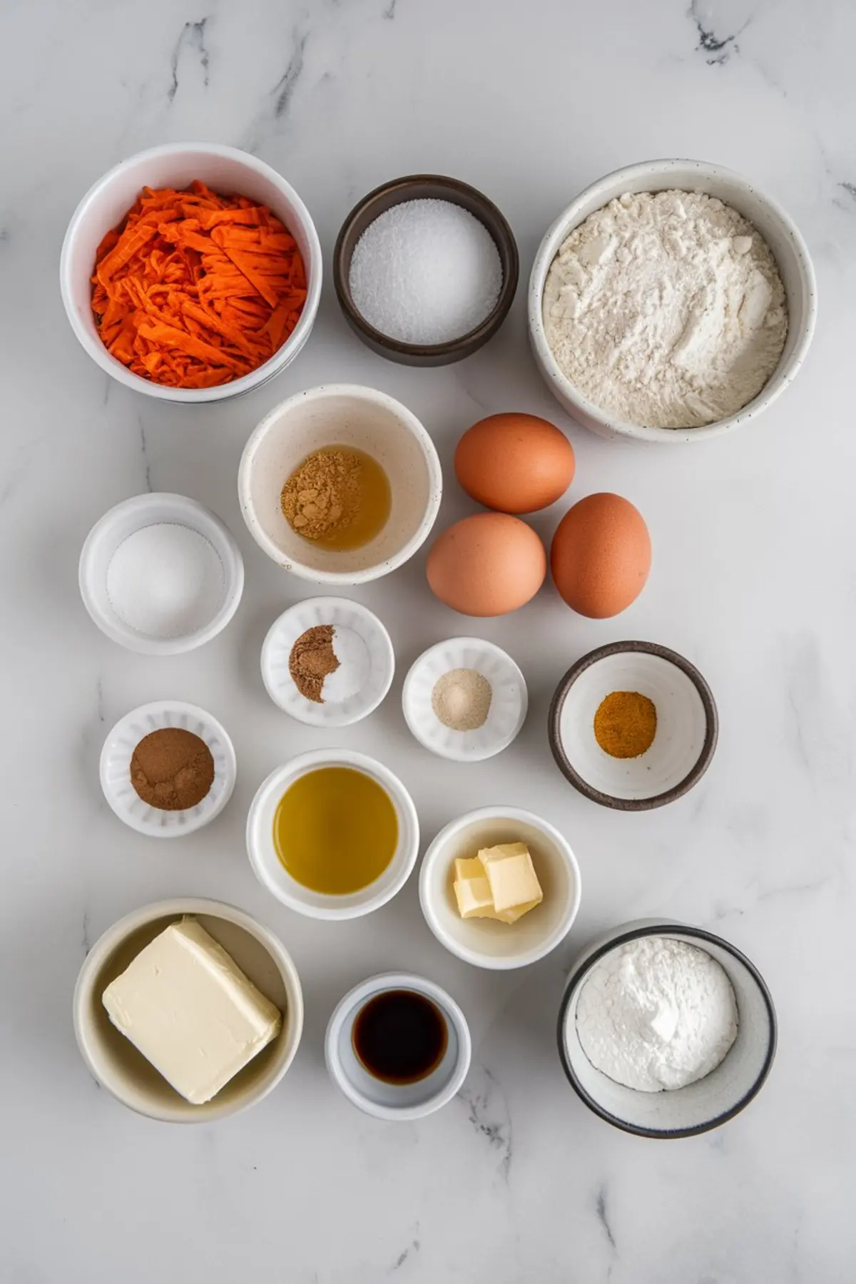 A flat lay of carrot cake roll ingredients on a white marble surface. The image includes shredded carrots, flour, eggs, sugar, butter, spices, vanilla extract, and baking essentials, ready to create a homemade Easter treat.