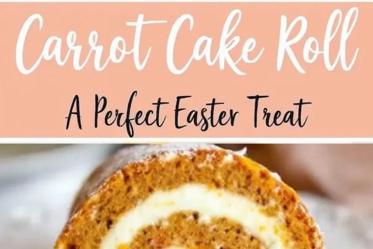 A collage featuring a carrot cake roll, showcasing its soft texture and creamy filling. The top view displays neatly arranged slices on a decorative platter, while the close-up reveals the rich swirl of cream cheese frosting. The dessert is dusted with powdered sugar, making it an ideal Easter dessert.