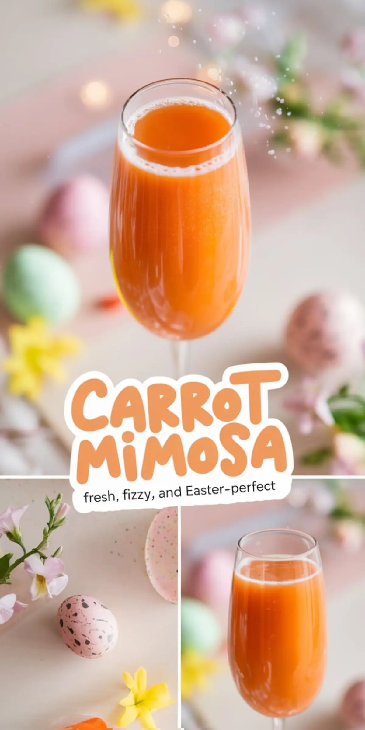 Collage showing a carrot mimosa in a champagne flute surrounded by pastel Easter eggs, pink flowers, and festive decor. The vibrant orange drink contrasts with the soft, spring-themed background, highlighted by playful text reading “Carrot Mimosa – fresh, fizzy, and Easter-perfect.”