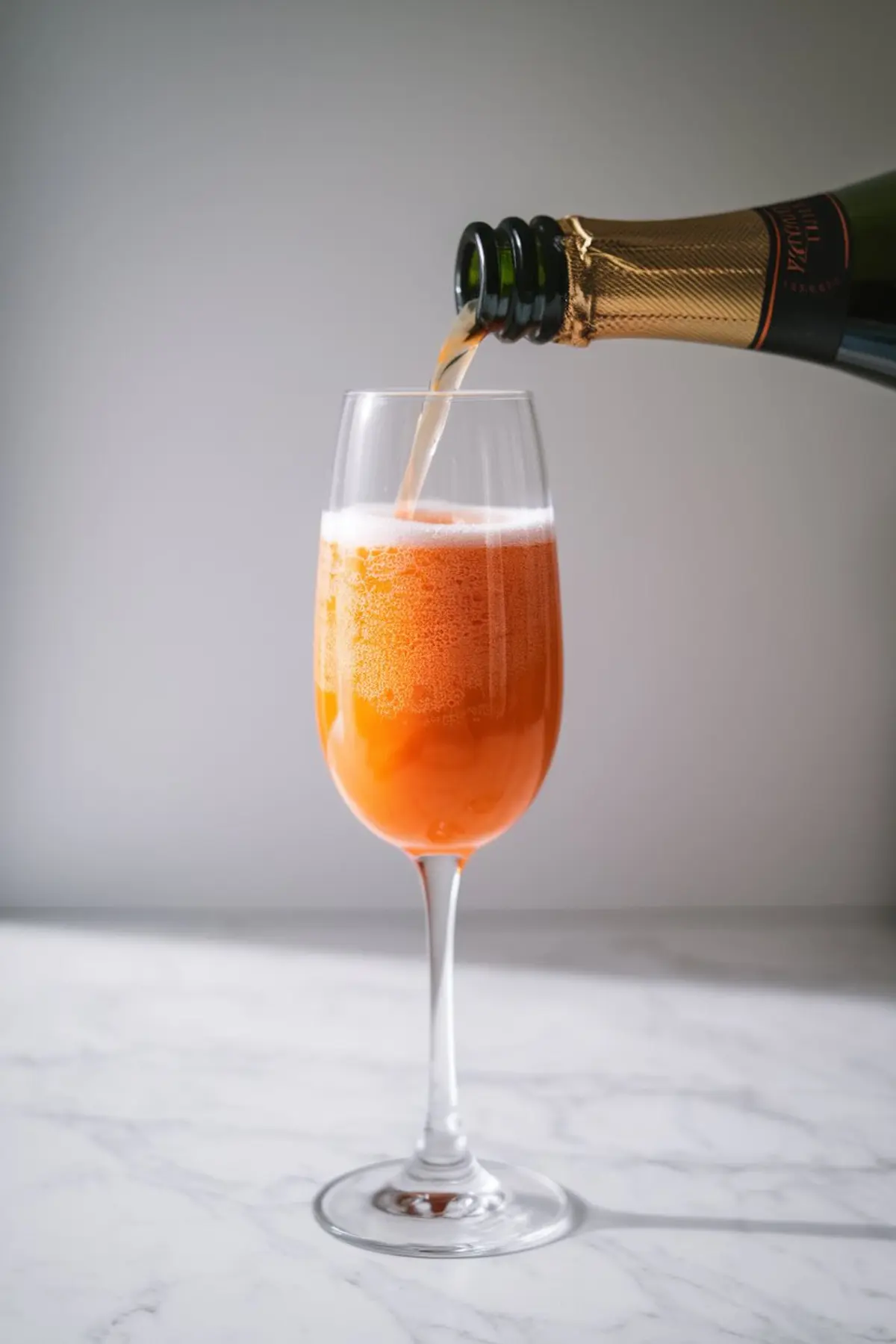 Close-up of a carrot mimosa being poured into a champagne flute from a sparkling wine bottle. The fizzy bubbles rise as the orange drink fills the glass, capturing the refreshing and celebratory essence of the cocktail.