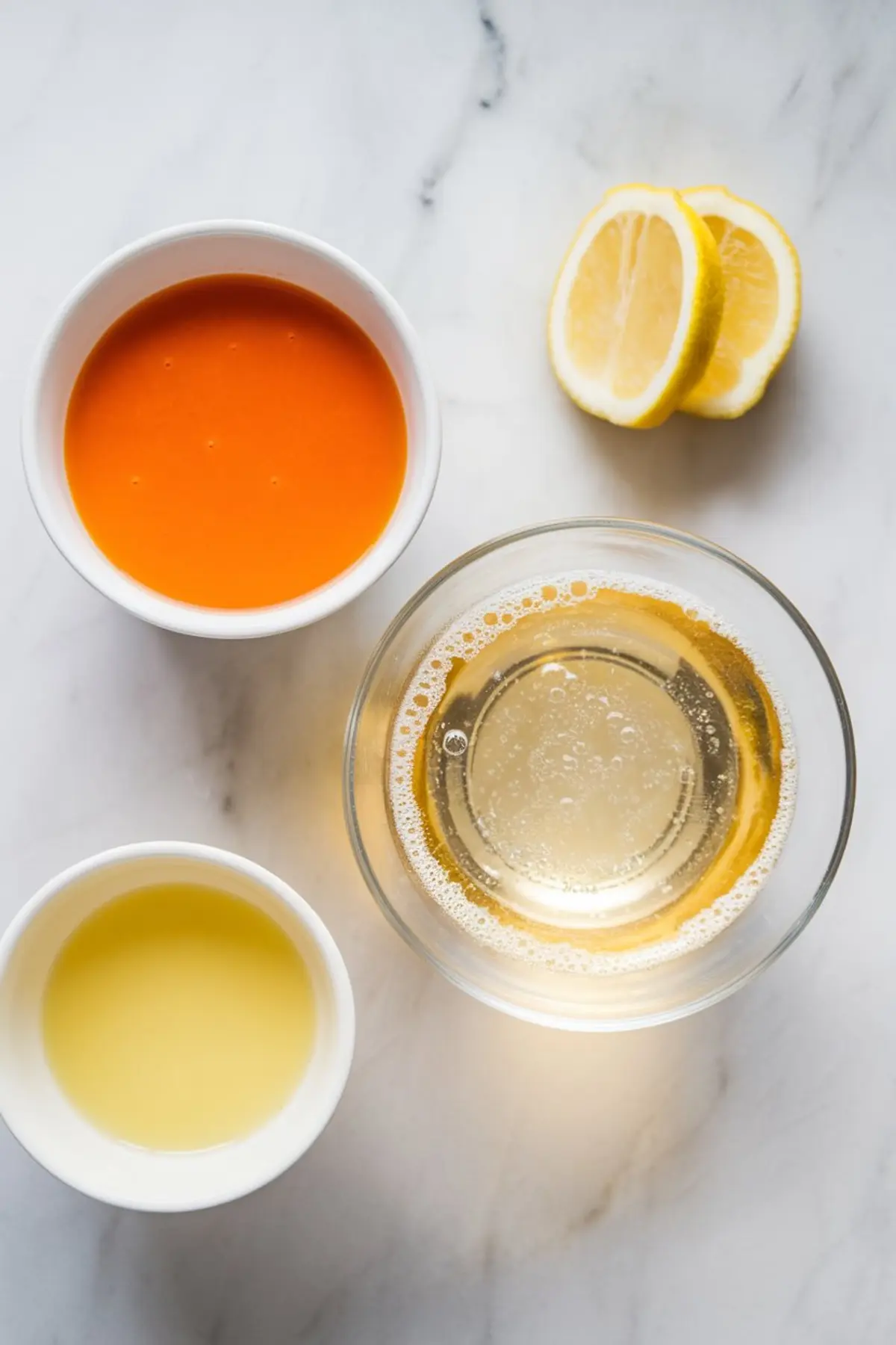 Flat lay of carrot mimosa ingredients on a marble countertop, including a bowl of carrot juice, a bowl of orange juice, a bowl of sparkling wine with visible bubbles, and sliced lemon. The vibrant colors contrast against the clean, white background, showcasing the fresh, zesty components.