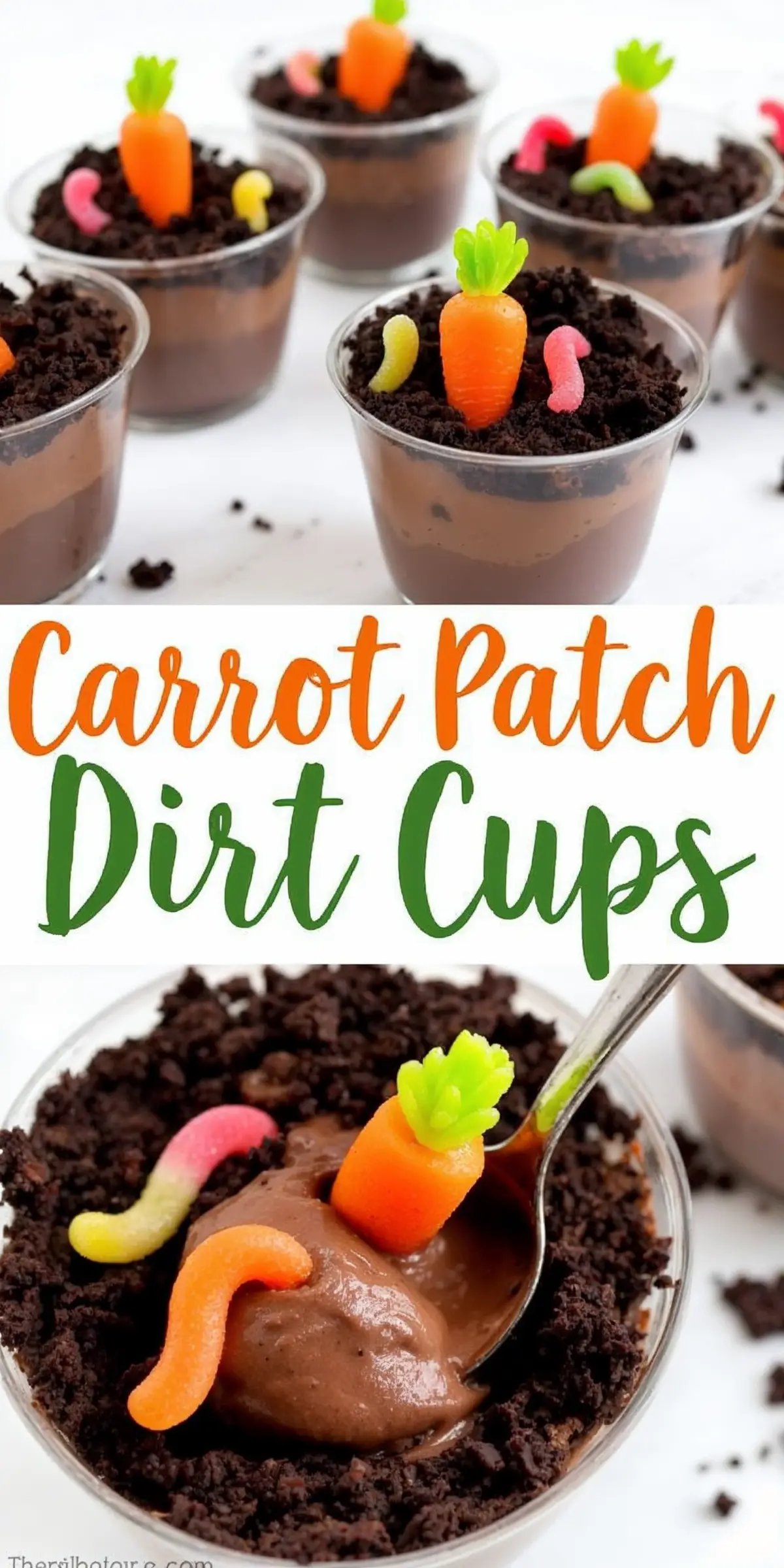 Carrot patch dirt cups featuring chocolate pudding, crushed cookies, candy carrots, and gummy worms. A spoon lifts a scoop of pudding with a candy carrot and a gummy worm. Text overlay reads “Carrot Patch Dirt Cups.”