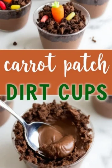 Chocolate dirt cups with candy carrots and gummy worms, made with chocolate pudding and crushed cookies. A spoon scoops up creamy pudding from one of the cups. Text overlay reads “Carrot Patch Dirt Cups.”