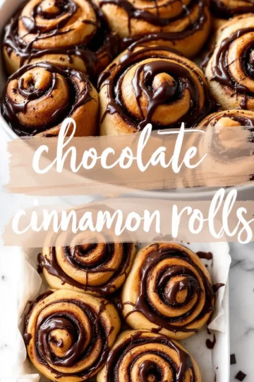 A pan filled with warm, golden chocolate cinnamon rolls, each topped with a drizzle of melted chocolate. The rolls are arranged in a baking dish, and a soft brushstroke-style text overlay reading “chocolate cinnamon rolls” adds a homemade aesthetic.