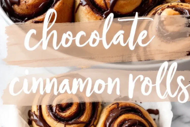 A pan filled with warm, golden chocolate cinnamon rolls, each topped with a drizzle of melted chocolate. The rolls are arranged in a baking dish, and a soft brushstroke-style text overlay reading “chocolate cinnamon rolls” adds a homemade aesthetic.