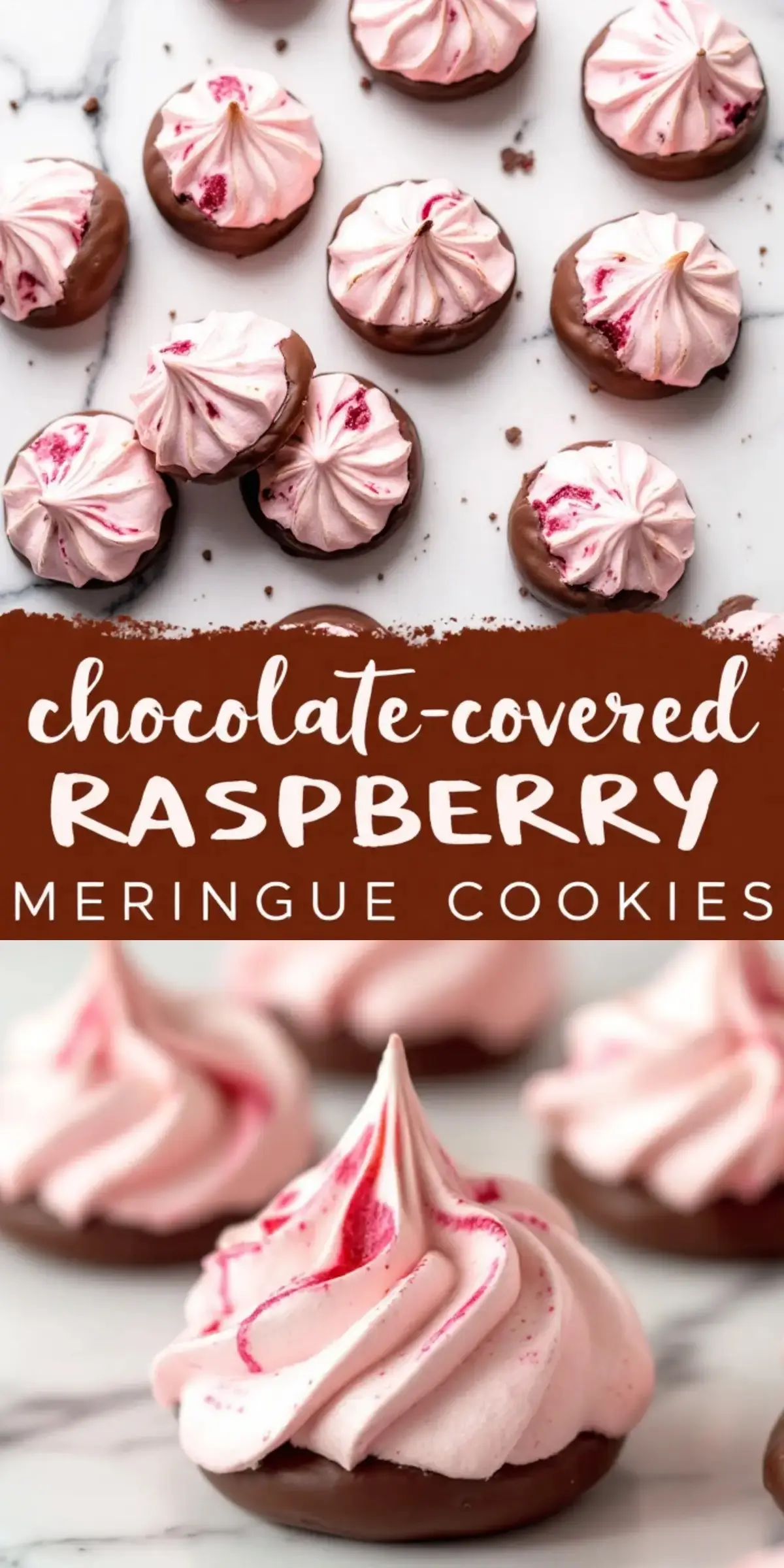 A collage showcasing chocolate-covered raspberry meringue cookies. The top section features small meringue cookies dipped in chocolate, with airy swirls and raspberry streaks. The middle section has a deep brown background with bold white text reading “Chocolate-Covered Raspberry Meringue Cookies.” The bottom section presents a close-up of a single cookie, emphasizing the smooth chocolate layer and vibrant raspberry marbling.