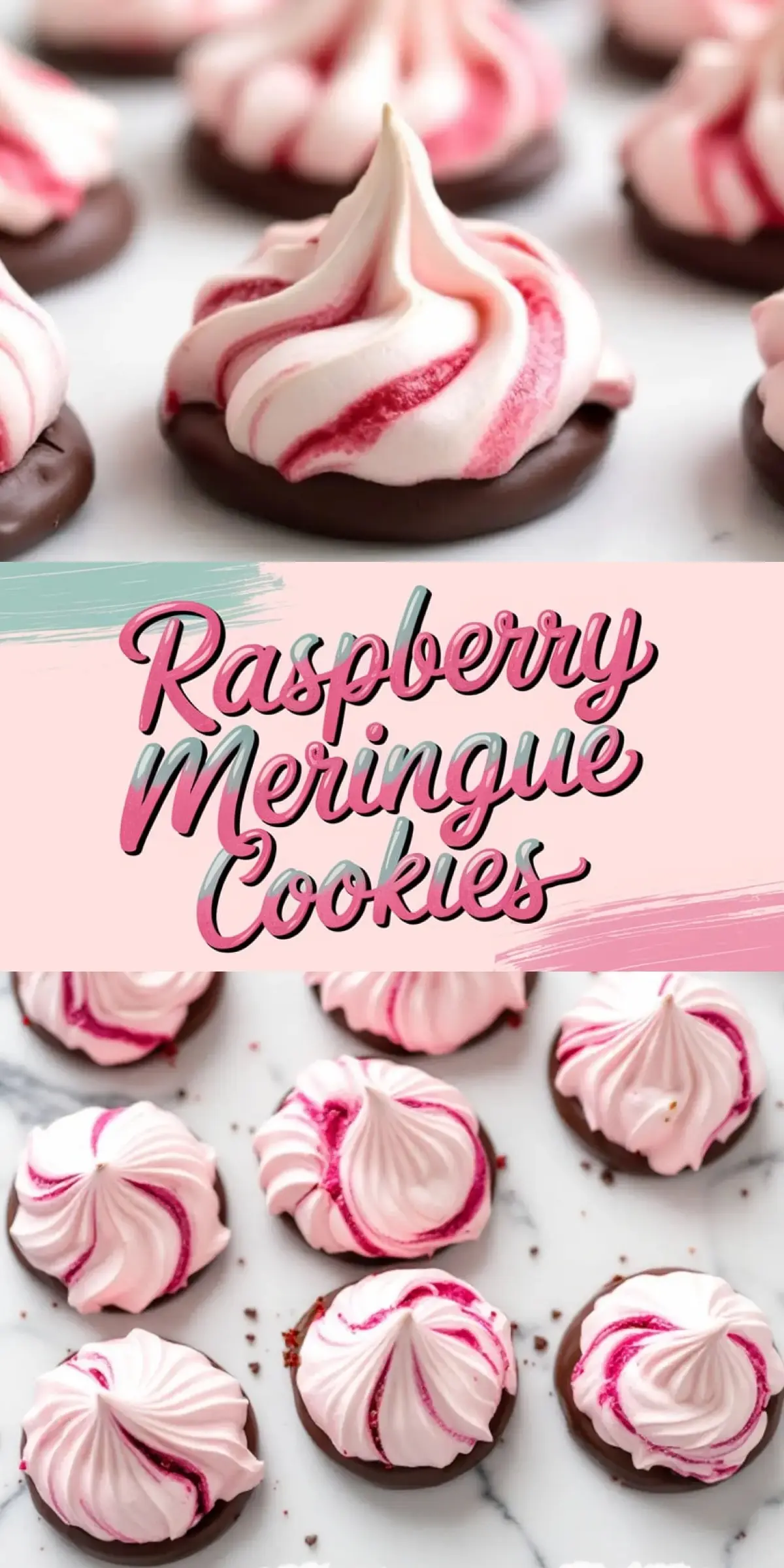 A collage featuring raspberry meringue cookies with a chocolate base. The top section shows a close-up of swirled pink and white meringue cookies with crisp edges and a glossy finish. The middle section has a pastel pink background with bold, cursive text reading “Raspberry Meringue Cookies.” The bottom section displays multiple cookies on a marble surface, highlighting their delicate texture and rich chocolate coating.