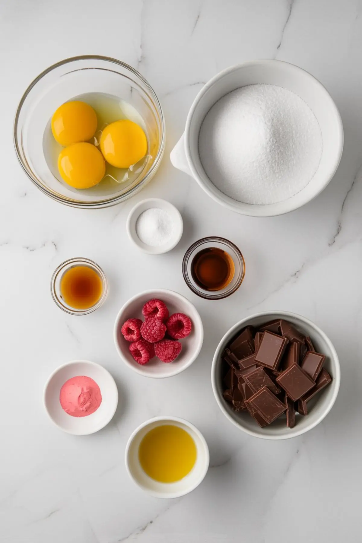 A flat-lay image of baking ingredients for raspberry meringue cookies. The setup includes a bowl of egg yolks, granulated sugar, fresh raspberries, chocolate chunks, vanilla extract, food coloring, and other essentials arranged neatly on a white marble surface.