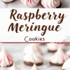 A collage featuring raspberry meringue cookies with a chocolate base. The top section highlights a close-up of swirled pink and white meringue cookies. The middle section has a white background with brown cursive text reading “Raspberry Meringue Cookies.” The bottom section displays multiple cookies on a marble surface, emphasizing their delicate texture and chocolate coating.