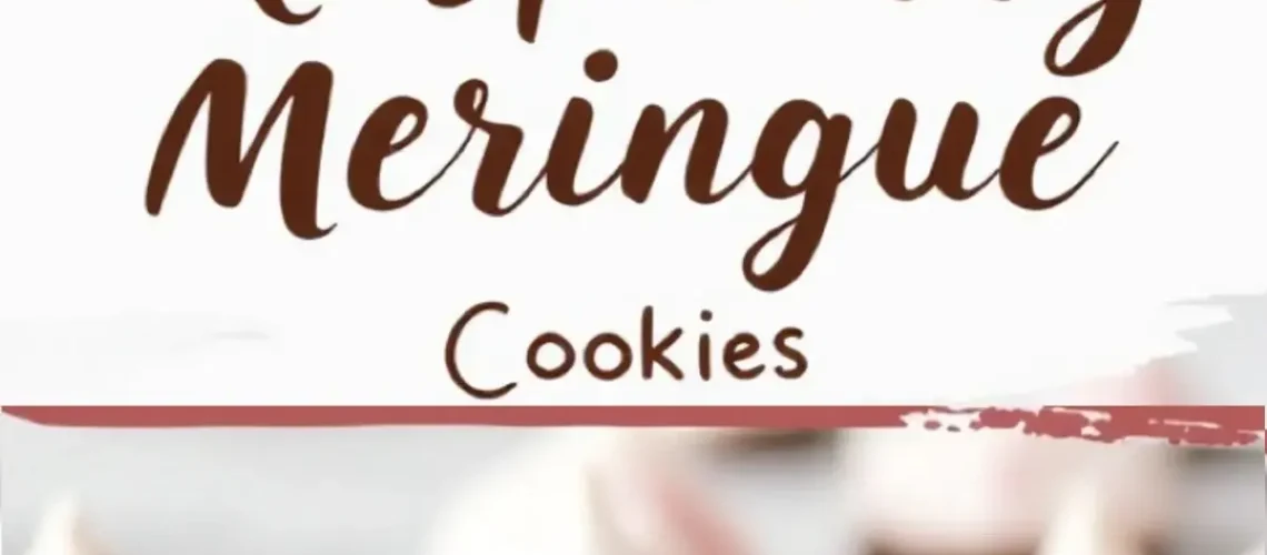 A collage featuring raspberry meringue cookies with a chocolate base. The top section highlights a close-up of swirled pink and white meringue cookies. The middle section has a white background with brown cursive text reading “Raspberry Meringue Cookies.” The bottom section displays multiple cookies on a marble surface, emphasizing their delicate texture and chocolate coating.