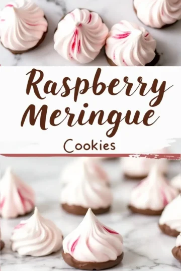A collage featuring raspberry meringue cookies with a chocolate base. The top section highlights a close-up of swirled pink and white meringue cookies. The middle section has a white background with brown cursive text reading “Raspberry Meringue Cookies.” The bottom section displays multiple cookies on a marble surface, emphasizing their delicate texture and chocolate coating.