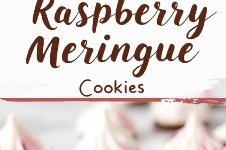 A collage featuring raspberry meringue cookies with a chocolate base. The top section highlights a close-up of swirled pink and white meringue cookies. The middle section has a white background with brown cursive text reading “Raspberry Meringue Cookies.” The bottom section displays multiple cookies on a marble surface, emphasizing their delicate texture and chocolate coating.