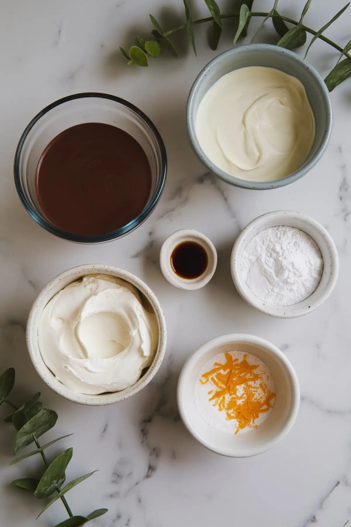 Flat lay of dessert ingredients on a white marble surface, including melted chocolate, whipped cream, cream cheese, vanilla extract, powdered sugar, and orange zest in small bowls, with eucalyptus leaves as decoration.