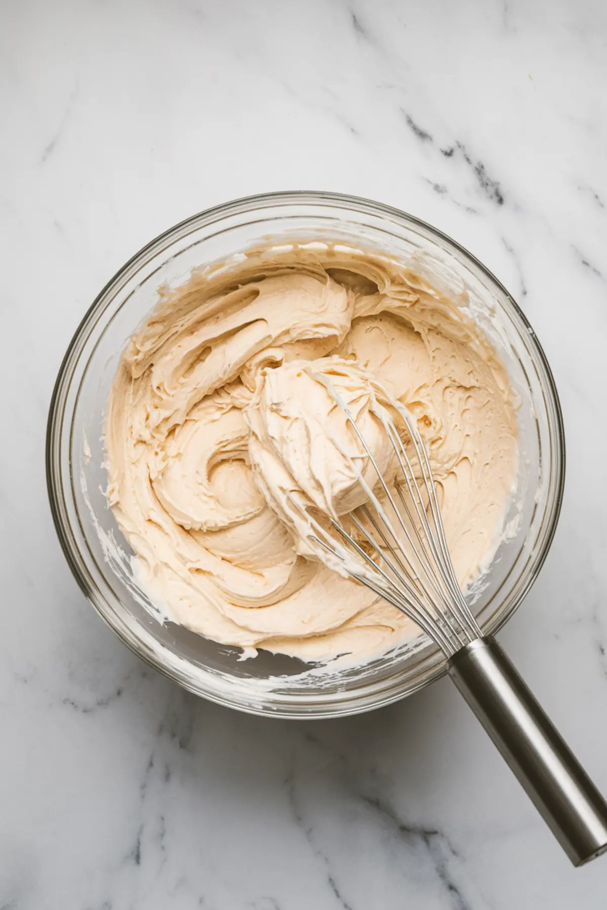 A glass bowl filled with smooth, whipped cream cheese frosting, with a stainless steel whisk partially submerged, resting on a marble surface.