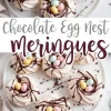 A plate of chocolate egg nest meringues with crispy swirls of baked meringue, drizzled with chocolate and topped with pastel candy eggs. The text overlay reads “Chocolate Egg Nest Meringues” in decorative script.