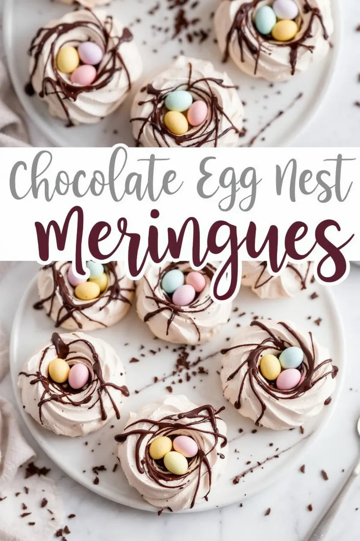 A plate of chocolate egg nest meringues with crispy swirls of baked meringue, drizzled with chocolate and topped with pastel candy eggs. The text overlay reads “Chocolate Egg Nest Meringues” in decorative script.