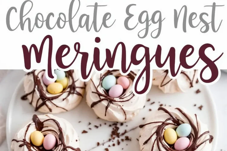 A plate of chocolate egg nest meringues with crispy swirls of baked meringue, drizzled with chocolate and topped with pastel candy eggs. The text overlay reads “Chocolate Egg Nest Meringues” in decorative script.