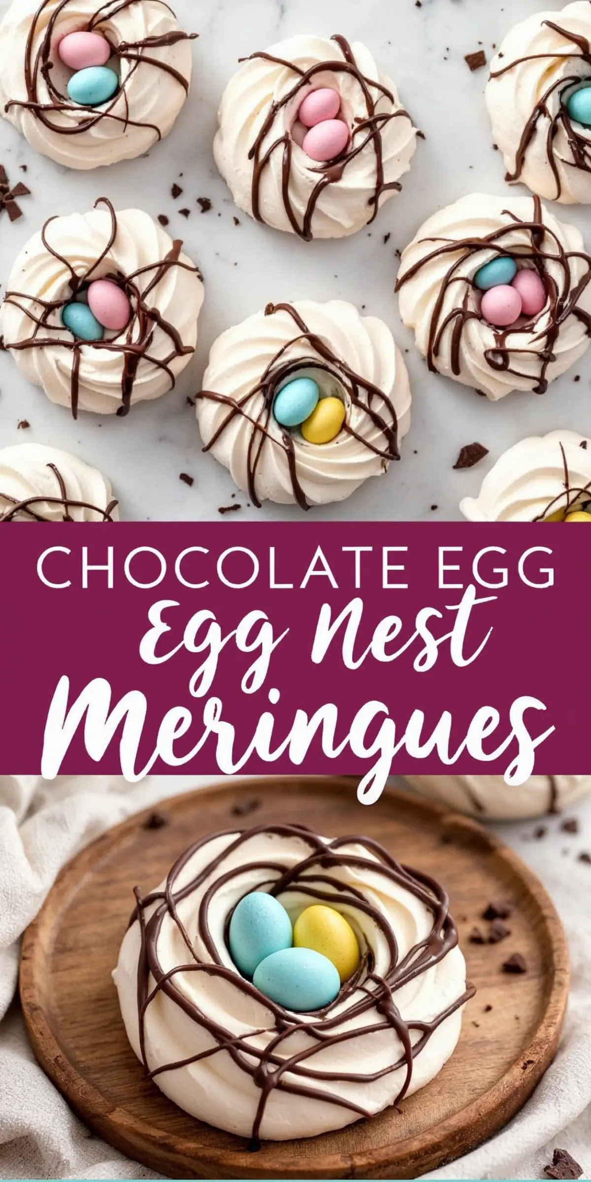 A collage featuring multiple chocolate egg nest meringues drizzled with chocolate and garnished with pastel mini eggs. The top image shows a plate of meringues, while the bottom image highlights a close-up of a single meringue on a wooden plate. A bold text overlay reads “Chocolate Egg Nest Meringues.”