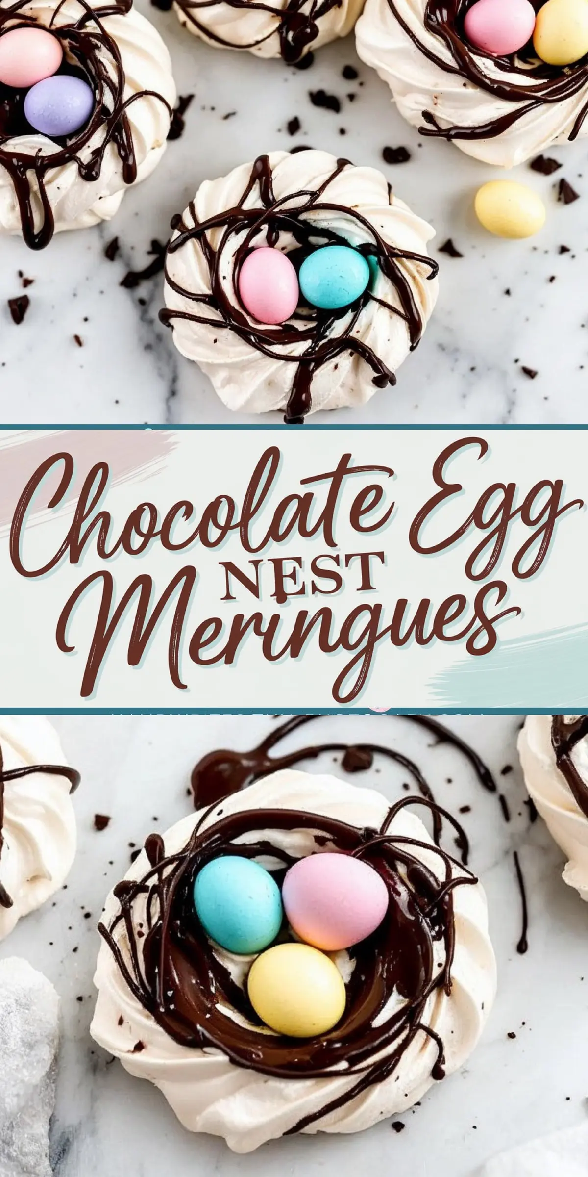 A collage of chocolate egg nest meringues, featuring a close-up of a single meringue with a swirl of chocolate and three pastel eggs on top. The decorative text overlay emphasizes “Chocolate Egg Nest Meringues” in a cursive font.
