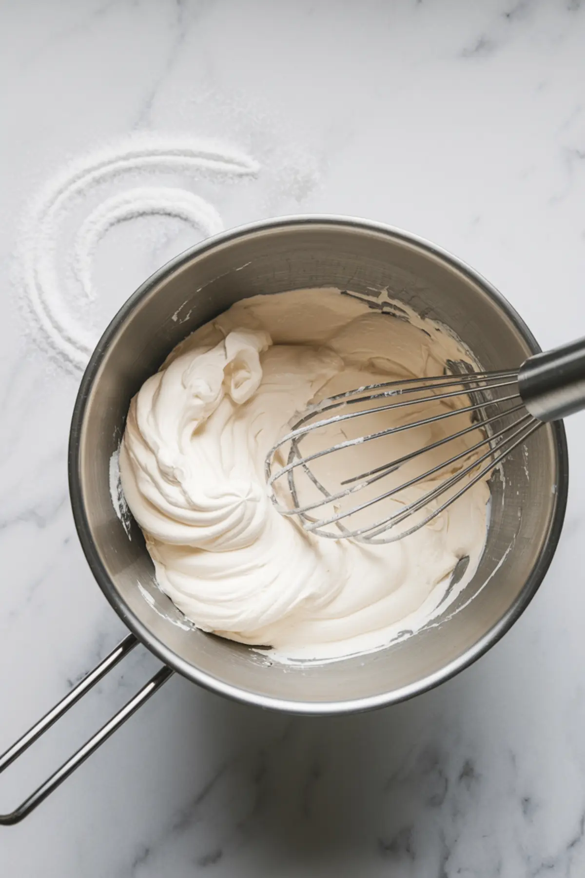 A stainless steel mixing bowl filled with freshly whipped meringue sits on a marble countertop. A metal whisk coated with the fluffy white mixture rests inside the bowl, and a dusting of sugar is swirled on the surface nearby.