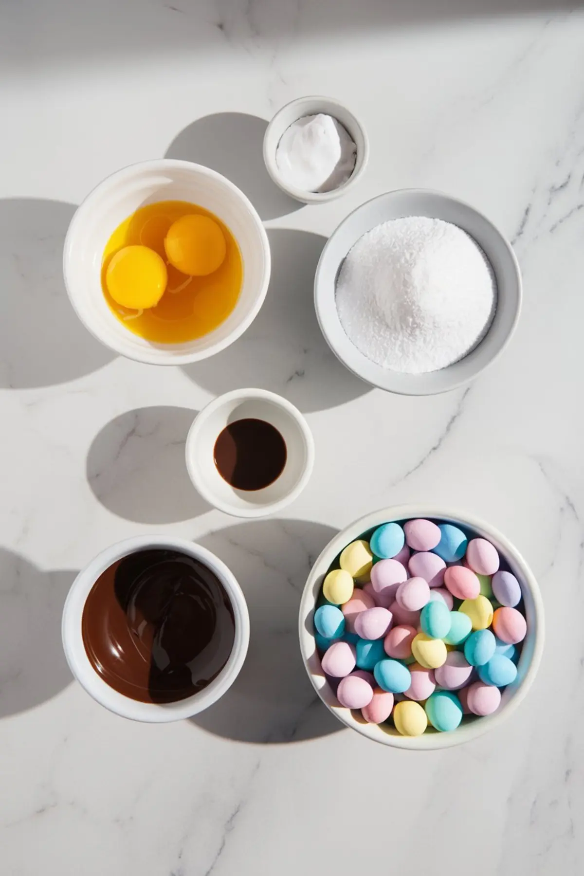 A flat lay of baking ingredients displayed on a white marble surface includes egg yolks in a small bowl, powdered sugar, baking soda, vanilla extract, melted chocolate, and pastel-colored candy eggs in separate dishes.