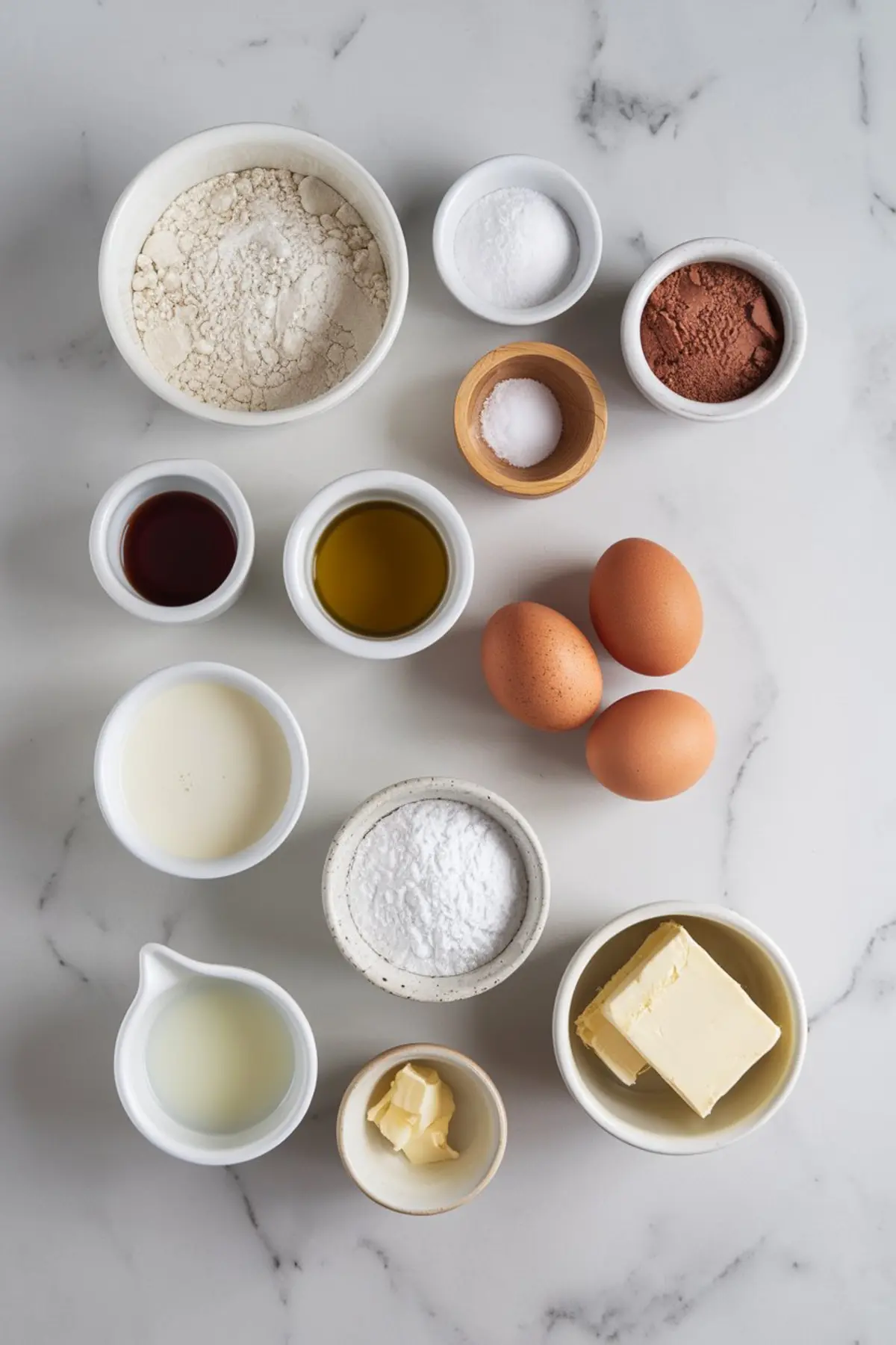 Chocolate olive oil cake ingredients – A flat lay of baking ingredients arranged on a white marble surface. The ingredients include flour, cocoa powder, baking soda, salt, eggs, olive oil, vanilla extract, butter, milk, and sugar in small bowls.