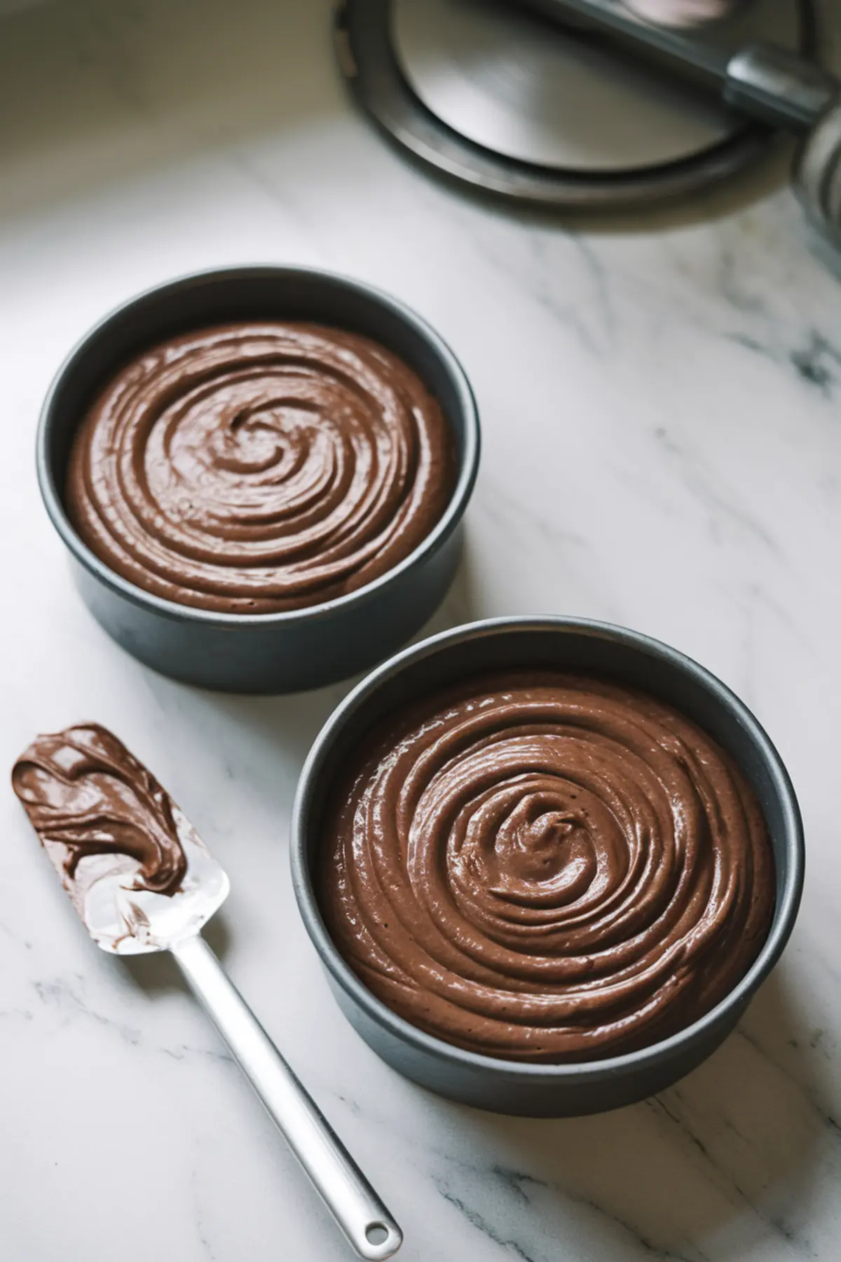 Cake batter in pans – Two round cake pans filled with chocolate batter, smoothed into a swirl pattern. A spatula with leftover batter rests nearby on a marble countertop.