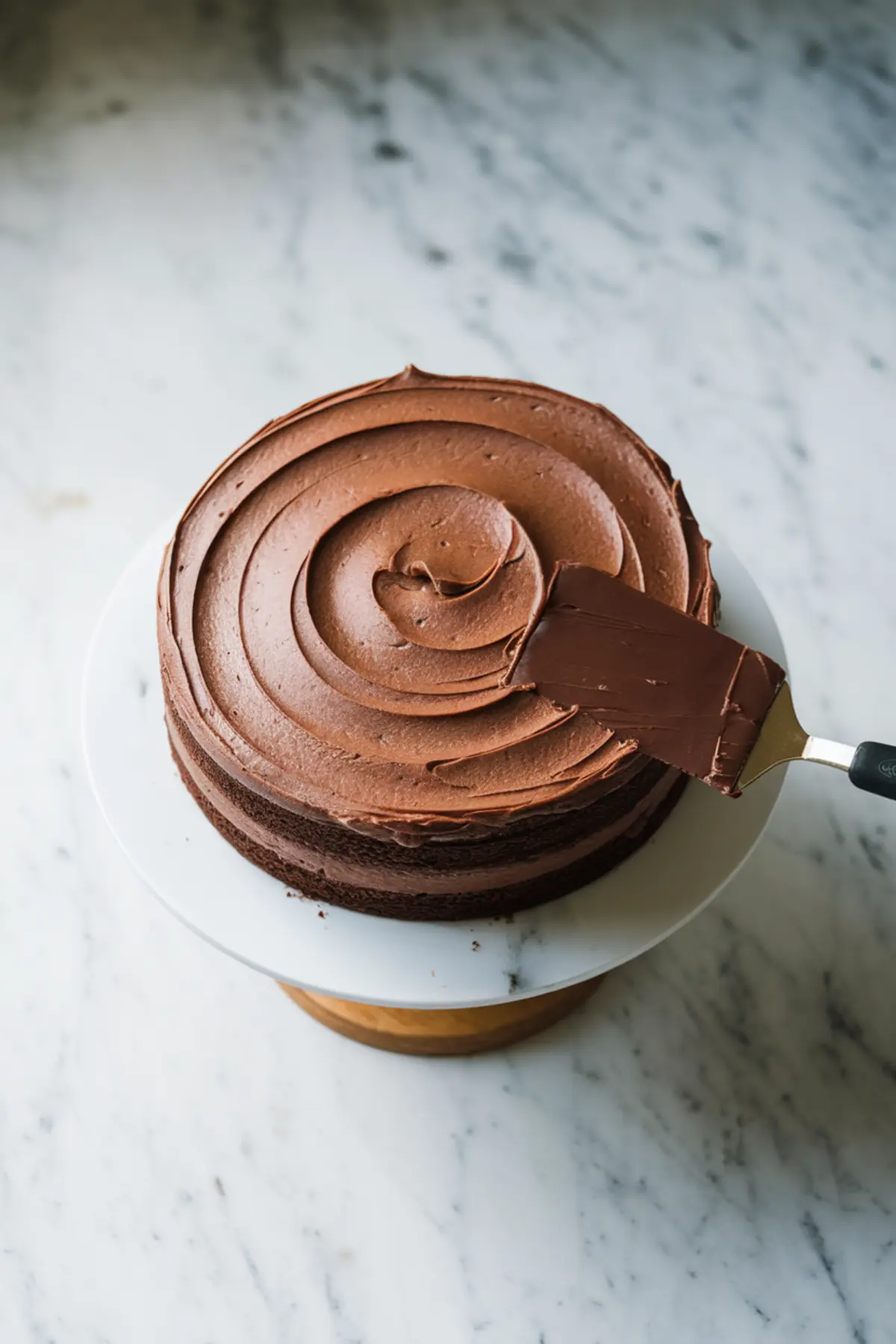 Chocolate cake being frosted – A round chocolate cake on a white cake stand with chocolate frosting being smoothed using an offset spatula. The frosting has a decorative swirl pattern. The background is a marble countertop.