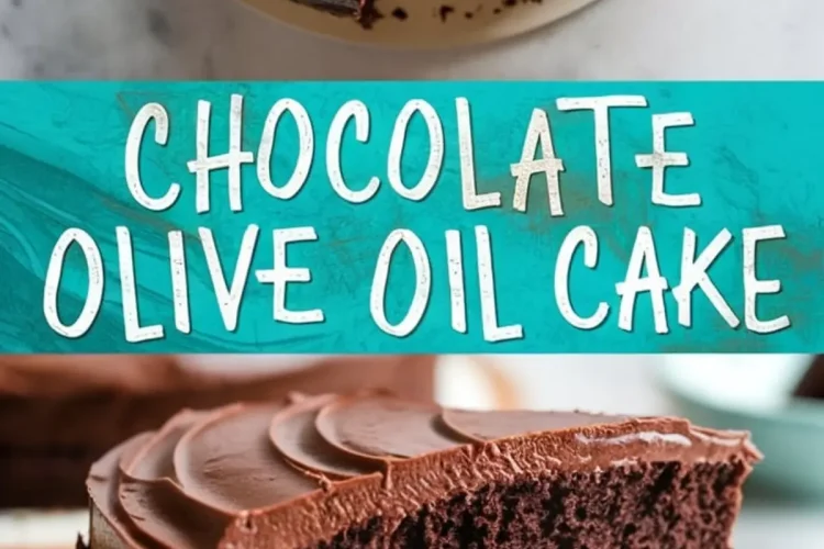A rich, moist chocolate olive oil cake with a smooth chocolate frosting. The top half shows the whole cake with a single slice removed, revealing its dark, velvety interior. The bottom half displays a close-up of a thick slice with a soft crumb and creamy frosting. A turquoise banner in the center features bold text reading “Chocolate Olive Oil Cake.”