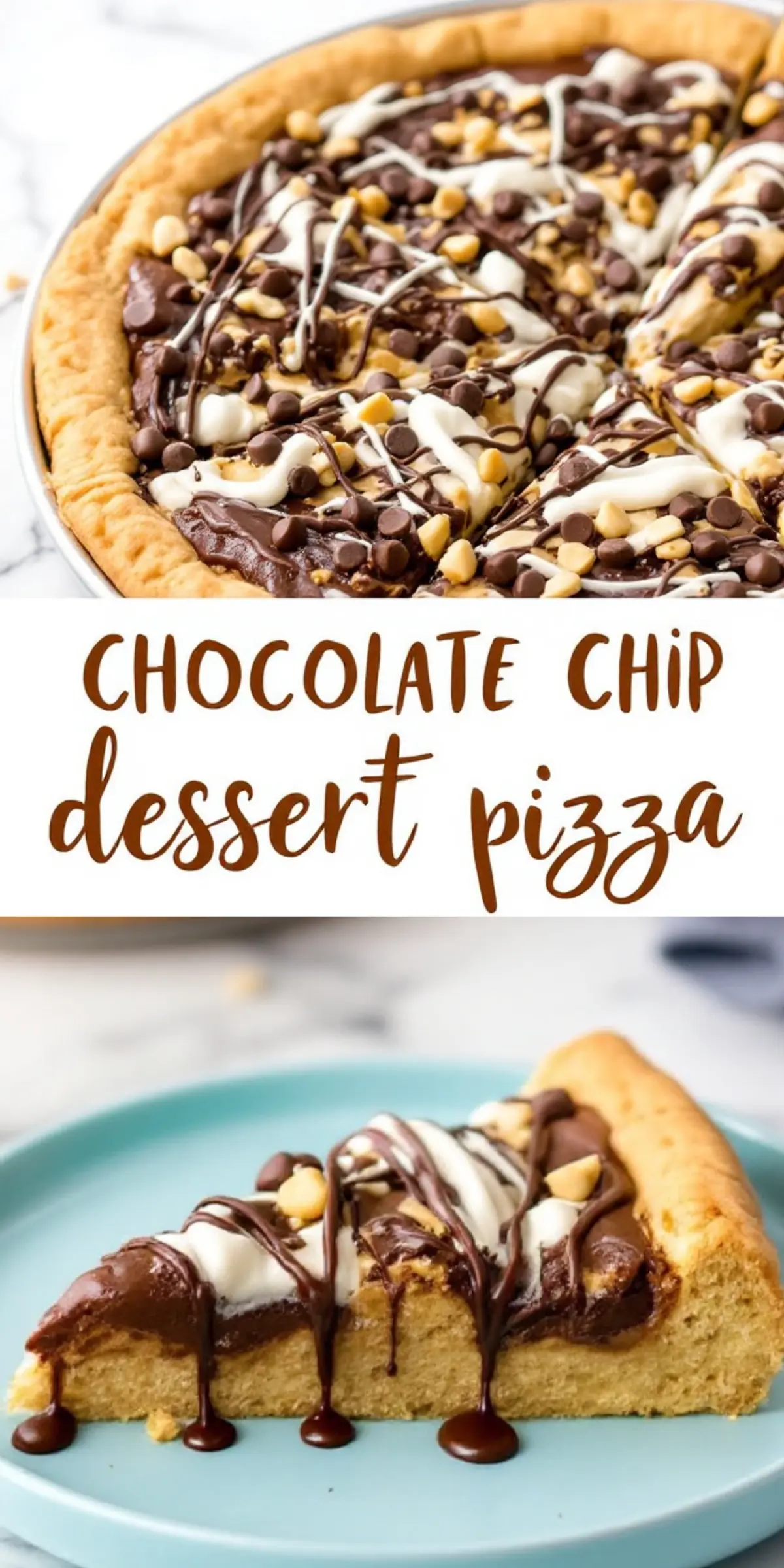 A close-up of a chocolate chip dessert pizza with a thick golden crust, drizzled with dark and white chocolate, topped with chocolate chips and chopped nuts. A slice is plated on a pastel blue plate with chocolate sauce dripping down the sides.