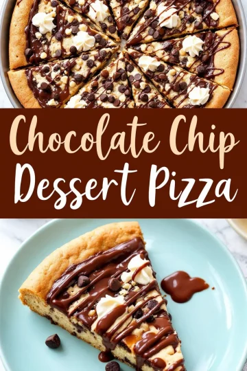 A freshly baked chocolate chip dessert pizza cut into slices on a round metal tray. The golden crust is topped with melted chocolate, chocolate chips, white chocolate chips, and dollops of whipped cream, with a drizzle of chocolate sauce. A rich and indulgent sweet treat.