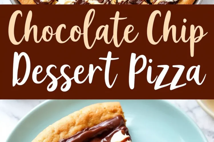 A freshly baked chocolate chip dessert pizza cut into slices on a round metal tray. The golden crust is topped with melted chocolate, chocolate chips, white chocolate chips, and dollops of whipped cream, with a drizzle of chocolate sauce. A rich and indulgent sweet treat.