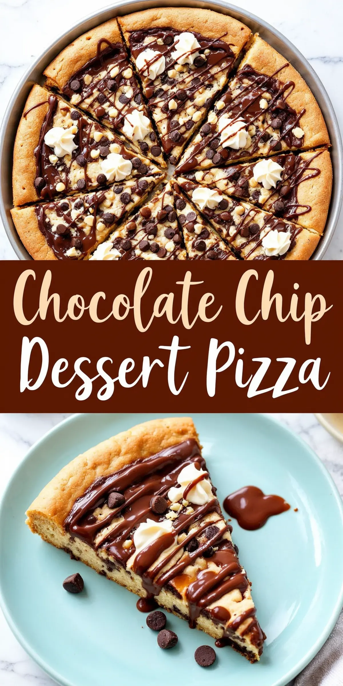 A full chocolate chip dessert pizza sliced into wedges on a round metal tray. The surface is covered with dark and white chocolate drizzle, chocolate chips, and whipped cream swirls. Below, a plated slice on a pastel blue dish showcases the thick crust and rich chocolate toppings.