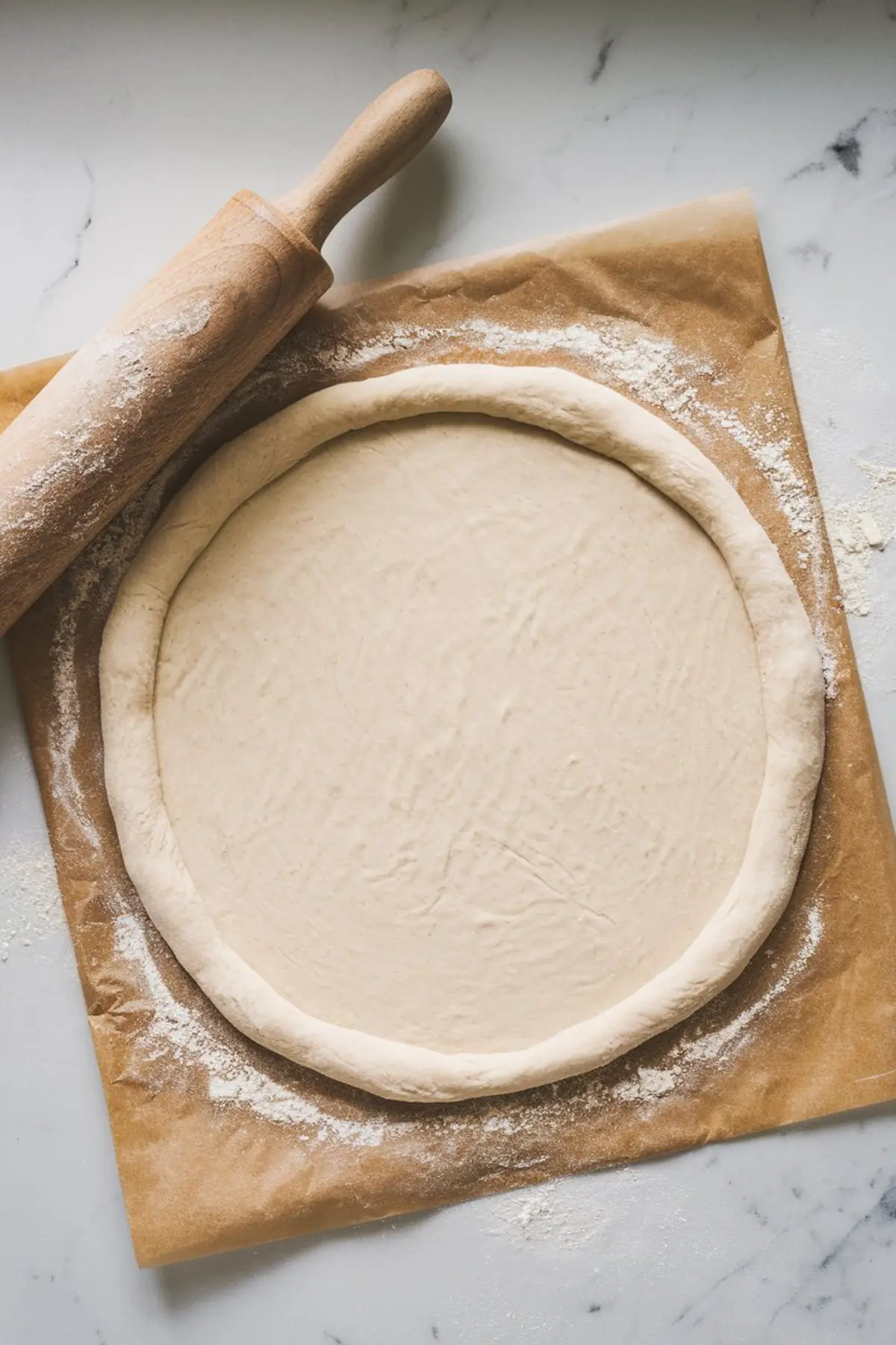 A raw pizza dough circle on a parchment-lined surface, dusted with flour. A wooden rolling pin rests nearby, suggesting the dough is freshly prepared for baking. The smooth and even texture of the dough is visible.