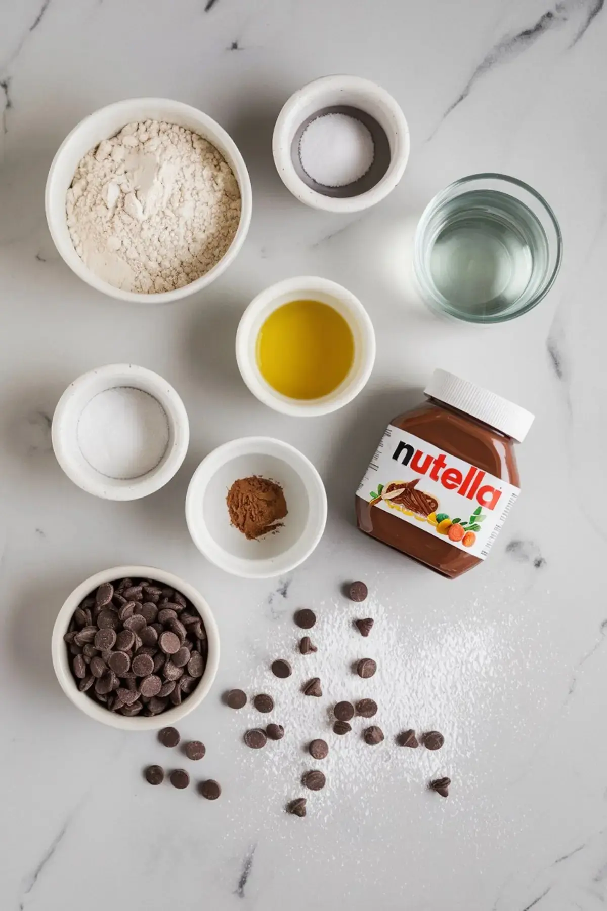 A flat-lay of baking ingredients on a marble countertop, including flour, sugar, salt, cocoa powder, chocolate chips, olive oil, water, and a jar of Nutella. Some chocolate chips and powdered sugar are scattered around, creating a visually appealing setup.