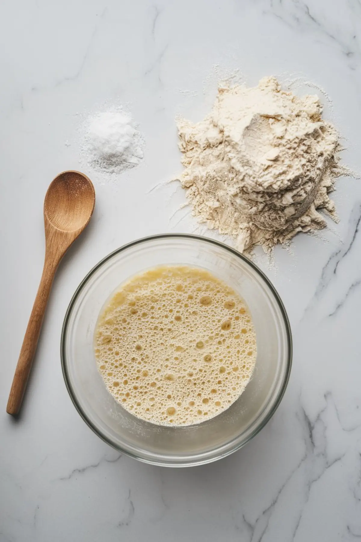 A top-down view of a glass bowl filled with frothy, bubbly yeast mixture next to a pile of flour and a wooden spoon. Salt is sprinkled nearby, indicating the beginning stages of dough preparation.