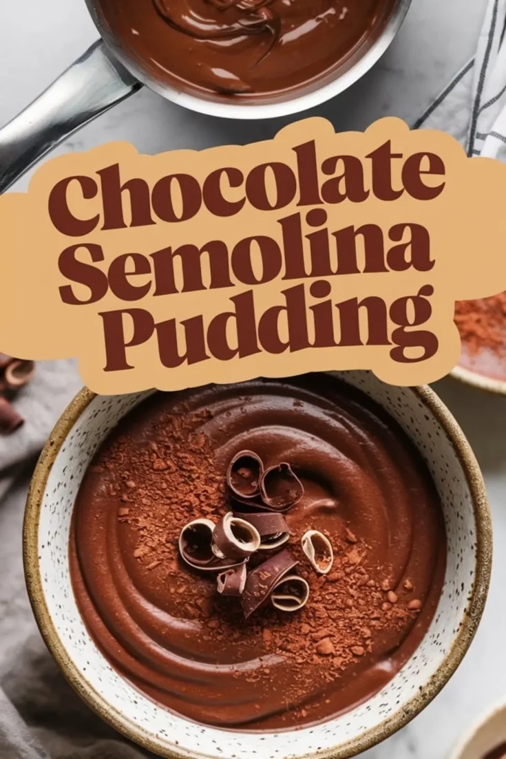 A bowl of chocolate semolina pudding with a velvety texture, dusted with cocoa powder and topped with delicate chocolate curls. A saucepan with pudding is visible in the background. Bold text overlay reads “Chocolate Semolina Pudding.”