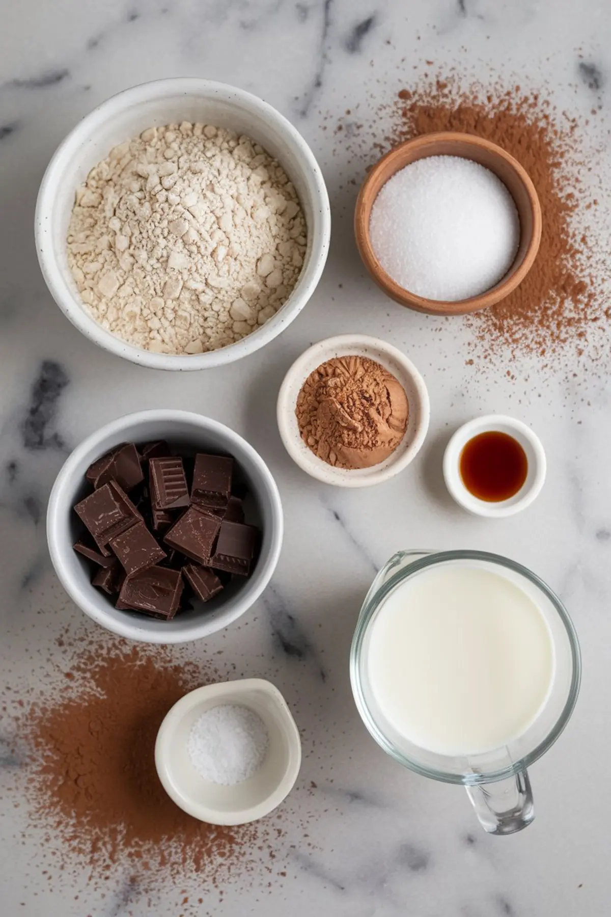 A flat lay of chocolate semolina pudding ingredients on a marble surface, including semolina flour, chopped chocolate, cocoa powder, sugar, vanilla extract, milk, and salt, arranged in ceramic and wooden bowls.