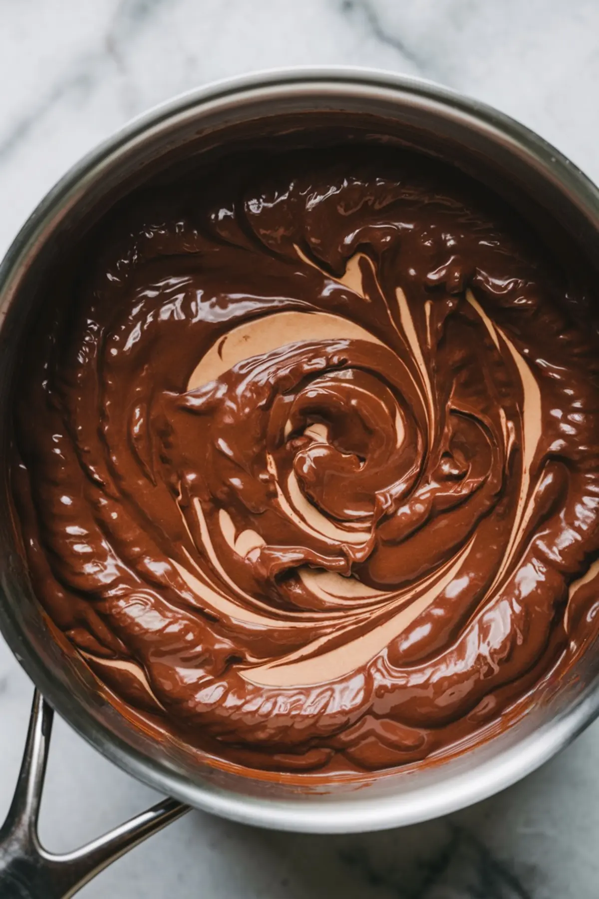 A saucepan filled with glossy, thick chocolate semolina pudding with elegant swirls on the surface, highlighting its creamy consistency.