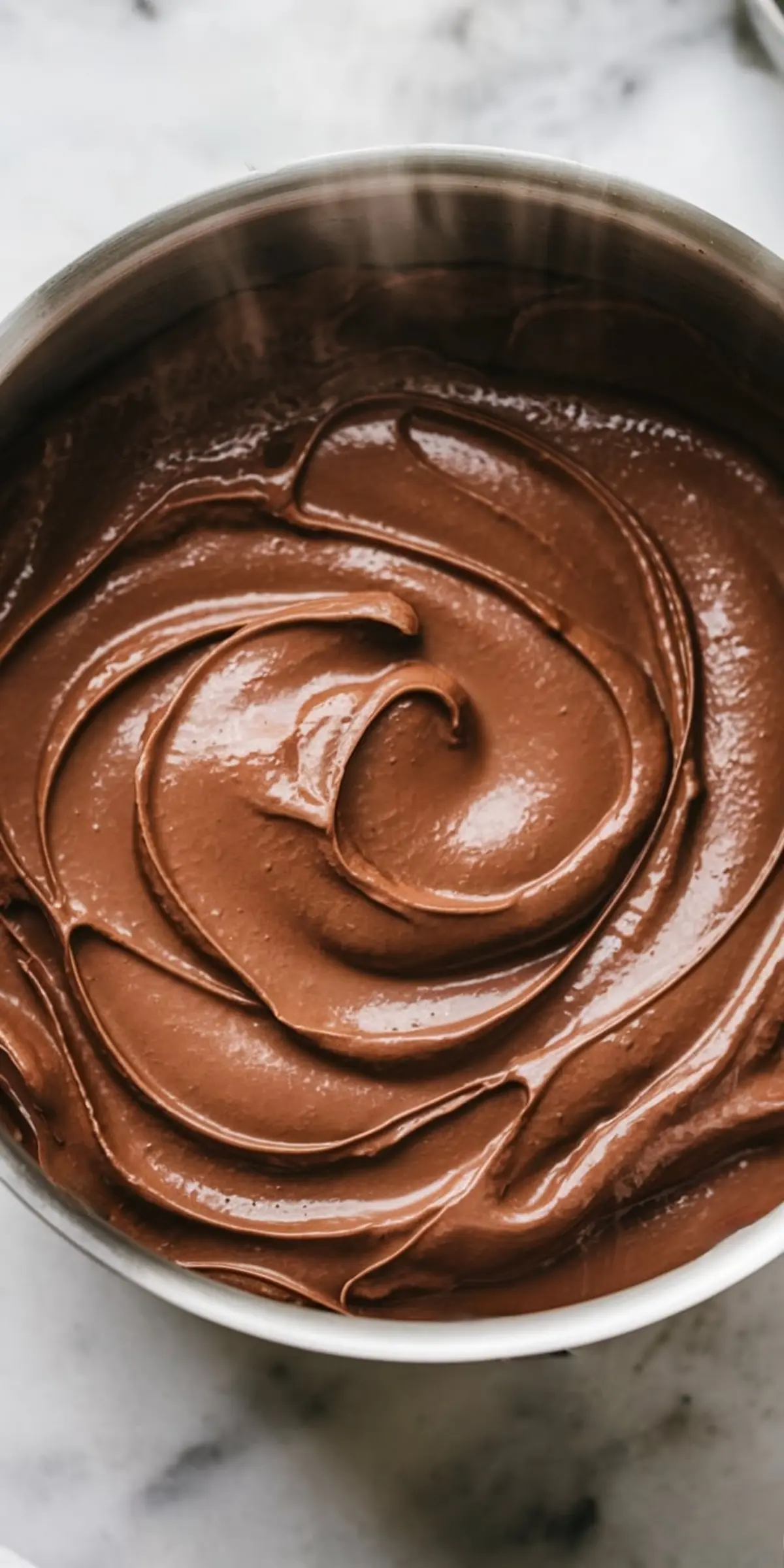 A close-up of a freshly prepared pot of chocolate semolina pudding with a rich, velvety texture, swirled into smooth folds.
