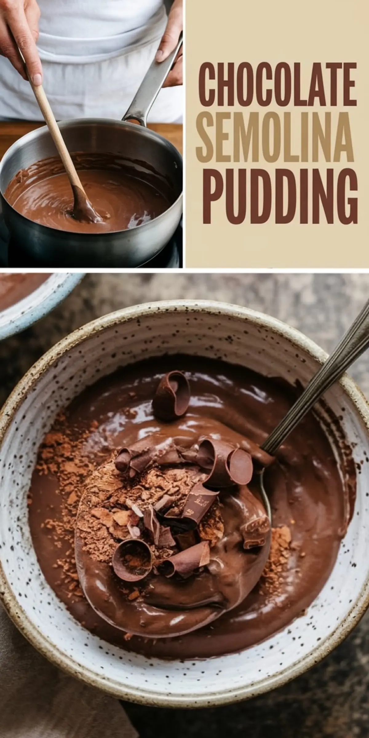 A collage showing the pudding-making process, with a person stirring chocolate semolina pudding in a saucepan on the top half and a bowl of pudding garnished with chocolate shavings and cocoa powder on the bottom half. Text overlay reads “Chocolate Semolina Pudding.”