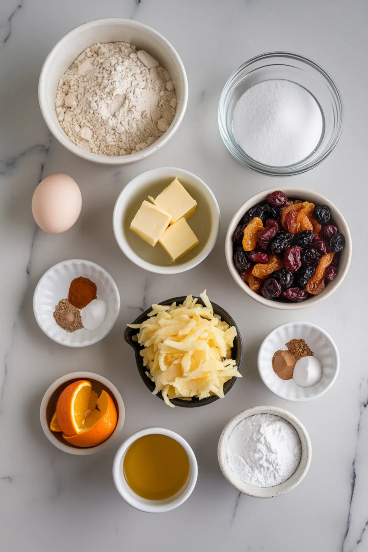 An assortment of baking ingredients neatly arranged in small bowls on a marble countertop, including flour, sugar, butter, dried fruits, shredded apple, an egg, various spices, orange slices, and a dish of golden liquid.