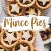 A plate filled with golden-brown mince pies, each featuring a flaky pastry shell and a star-shaped pastry top, revealing a rich, fruit-filled mincemeat filling. The text “Mince Pies” is overlaid in a stylish handwritten font.